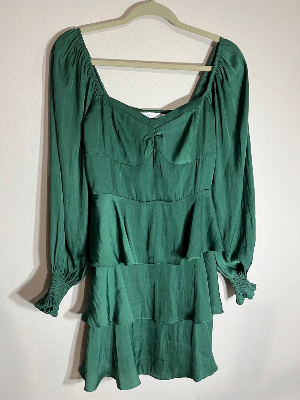 Altar'd State Deep Emerald Tiered Long-Sleeve Mini Dress